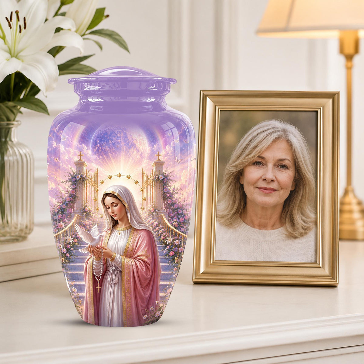 Personalized Virgin Mary Cremation Urn for Ashes - Our Lady of Grace Memorial Urn, Catholic Rosary Tribute