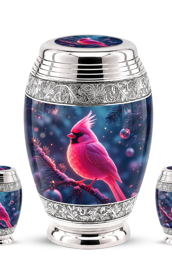 Personalized Pink Cardinal Cremation Urn, Silver-Tone Memorial Ashes Urn (Winter Scene)