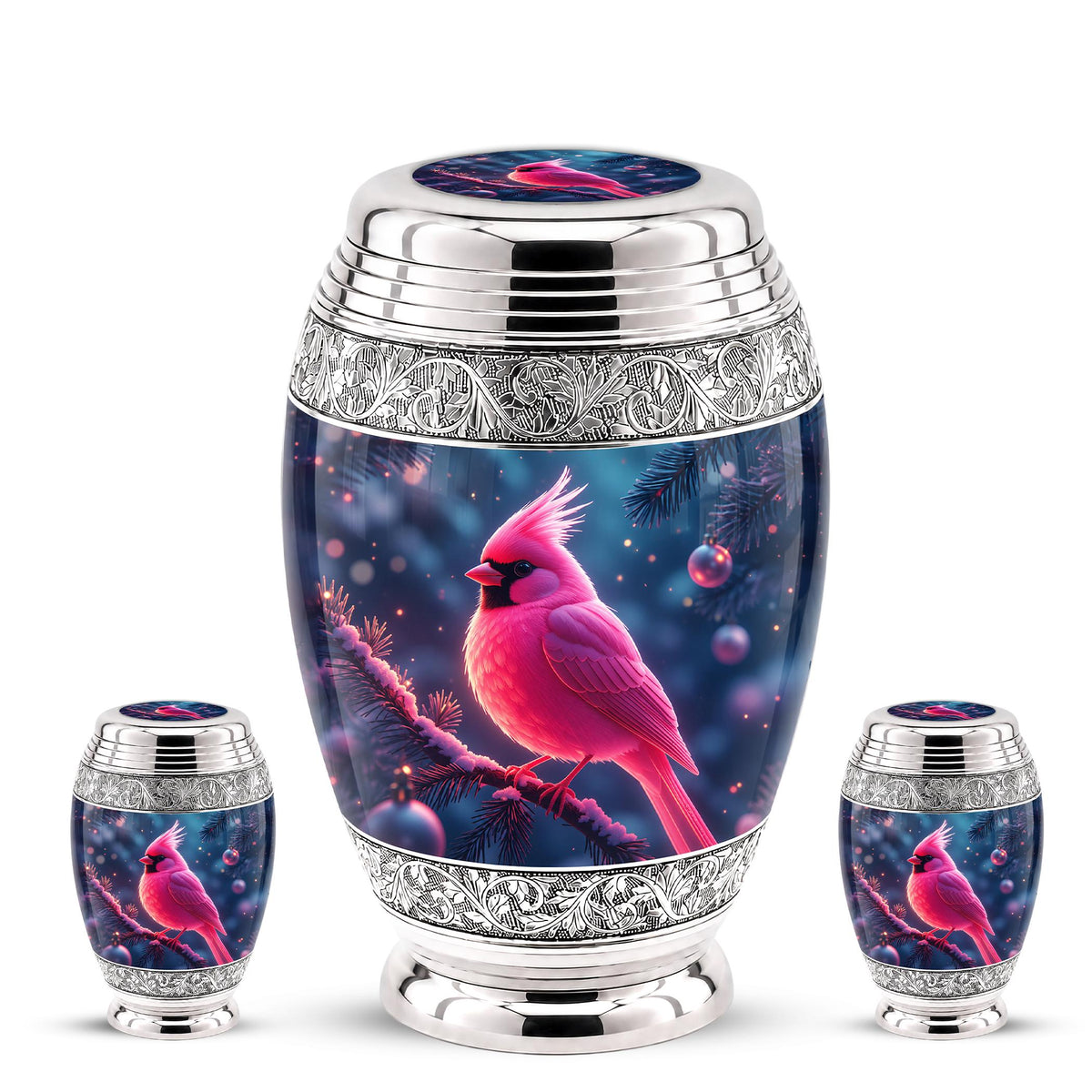 Personalized Pink Cardinal Cremation Urn, Silver-Tone Memorial Ashes Urn (Winter Scene)