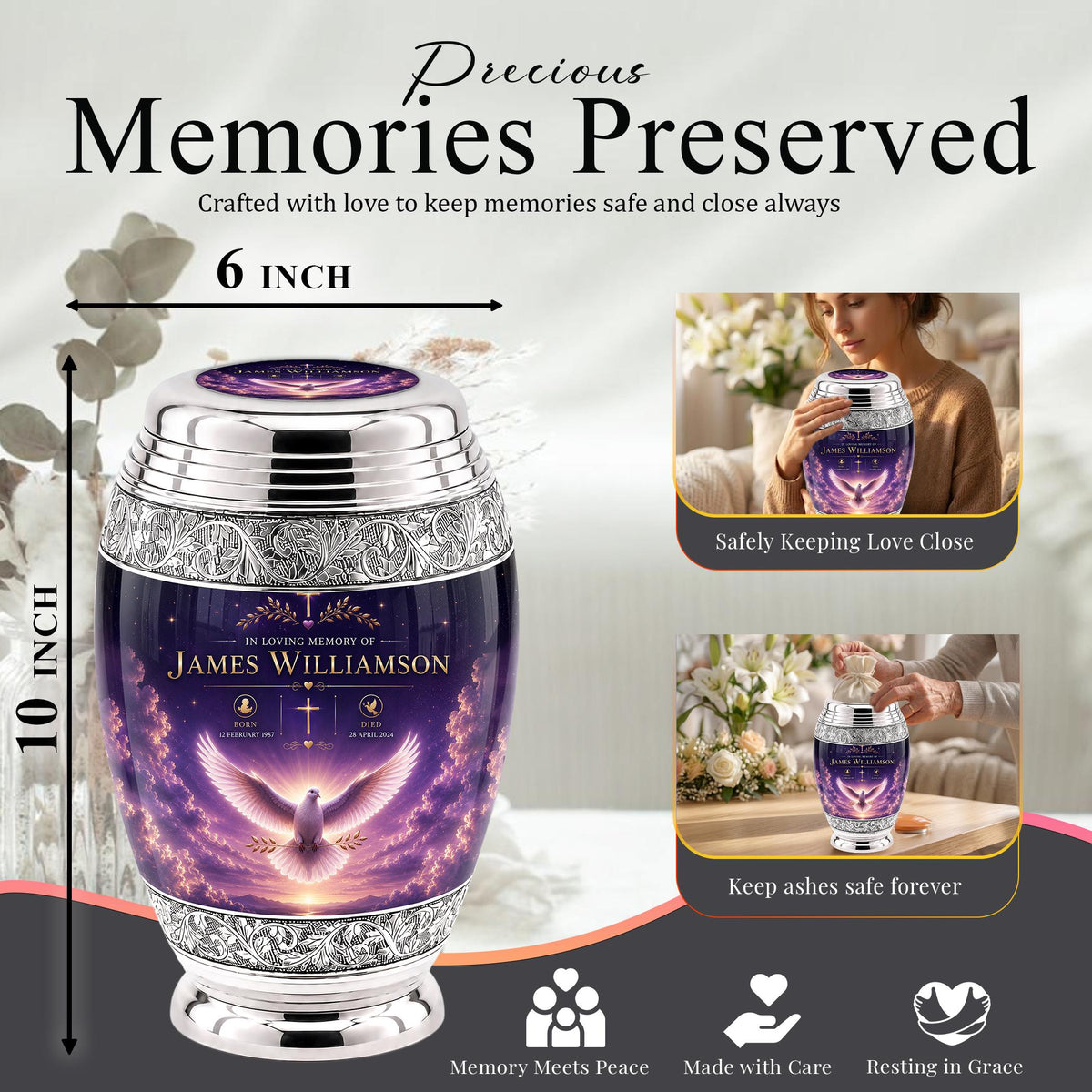 Personalized Dove Cremation Urn for Ashes - Purple Sunset Memorial Urn, Silver Ornate Funeral Urn,