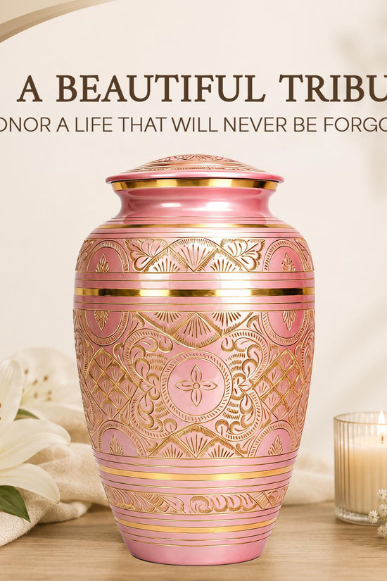 Pink and Gold Brass Cremation Urn for Ashes - Rose Gold Ornamental Memorial Urn