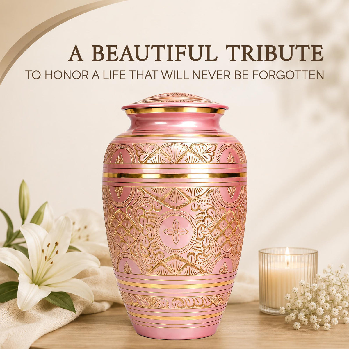Pink and Gold Brass Cremation Urn for Ashes - Rose Gold Ornamental Memorial Urn