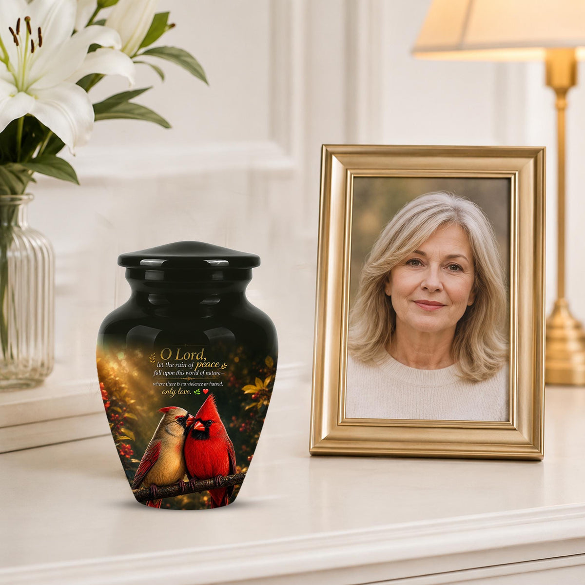 Cardinal Cremation Urn, Vibrant Bird Memorial Tribute, Christian Peace Keepsake