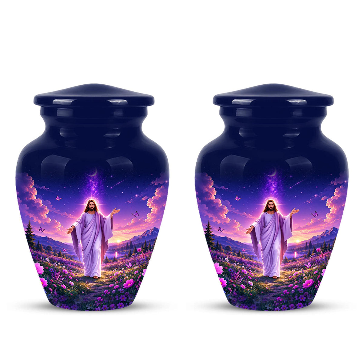 Personalized Jesus Cremation Urn for Ashes, Jesus Christ Purple Floral Memorial Urn, Christian Sunset Tribute, Heavenly Religious Urn (200 Cubic)