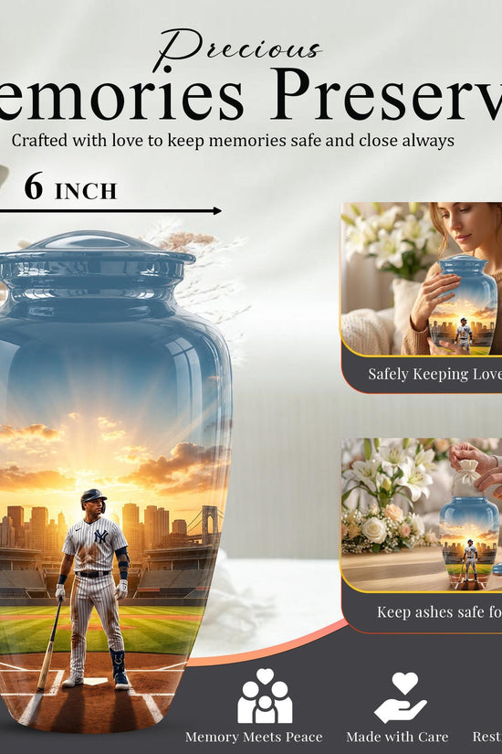 Baseball Player Cremation Urn for Ashes - City Skyline Sunset Memorial Urn