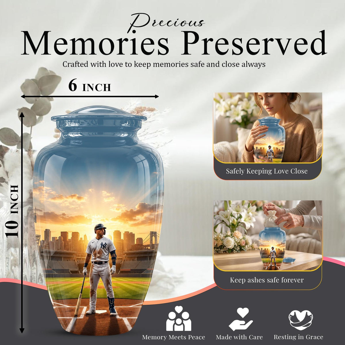 Baseball Player Cremation Urn for Ashes - City Skyline Sunset Memorial Urn