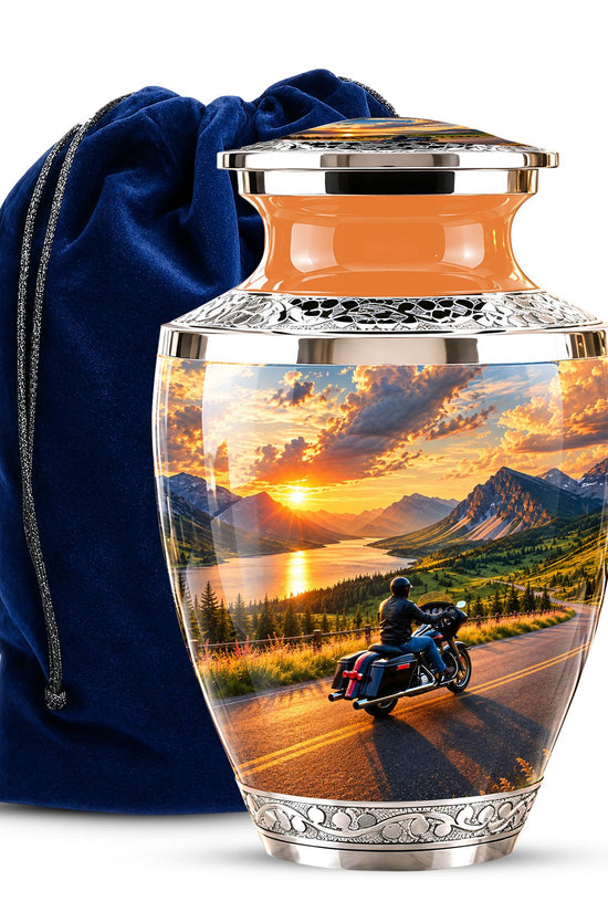 Personalized Motorcycle Cremation Urn, Mountain Road Sunset Rider Memorial