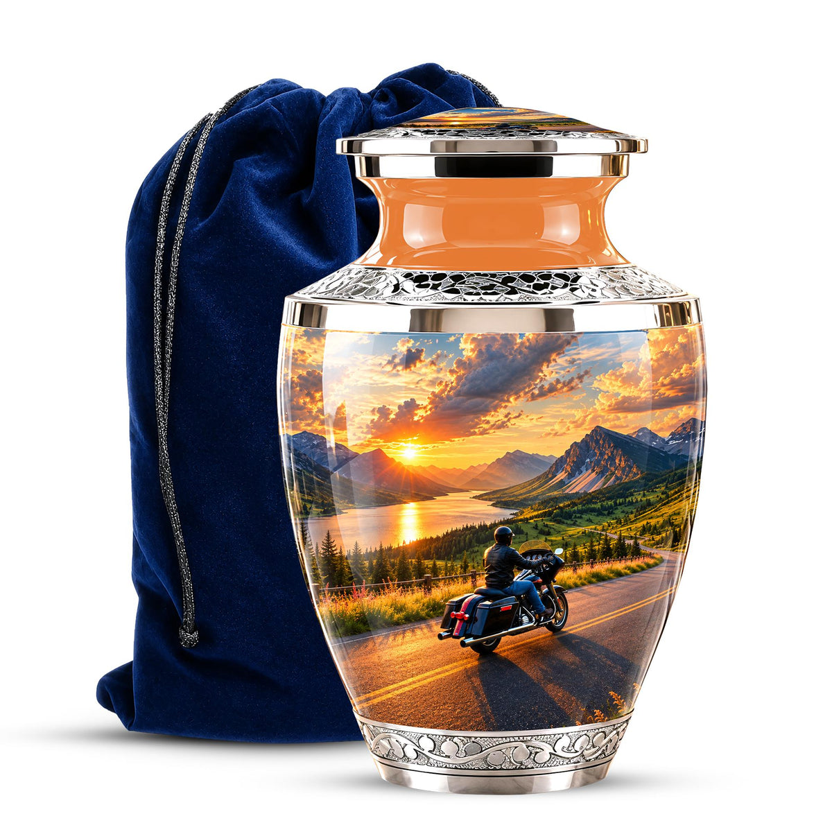 Personalized Motorcycle Cremation Urn, Mountain Road Sunset Rider Memorial