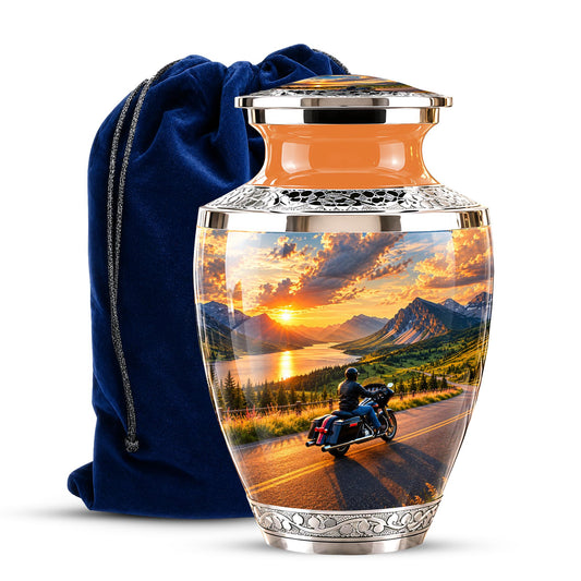 Personalized Motorcycle Cremation Urn, Mountain Road Sunset Rider Memorial