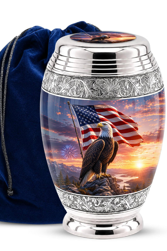American Flag Eagle Cremation Urn for Ashes - Silver Patriotic Bald Eagle Memorial Urn