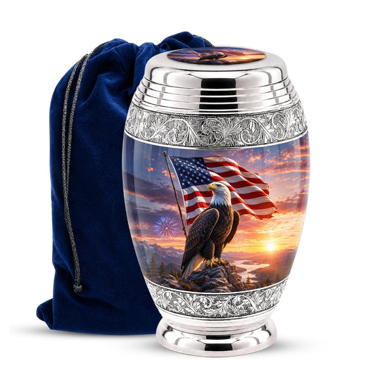 American Flag Eagle Cremation Urn for Ashes - Silver Patriotic Bald Eagle Memorial Urn