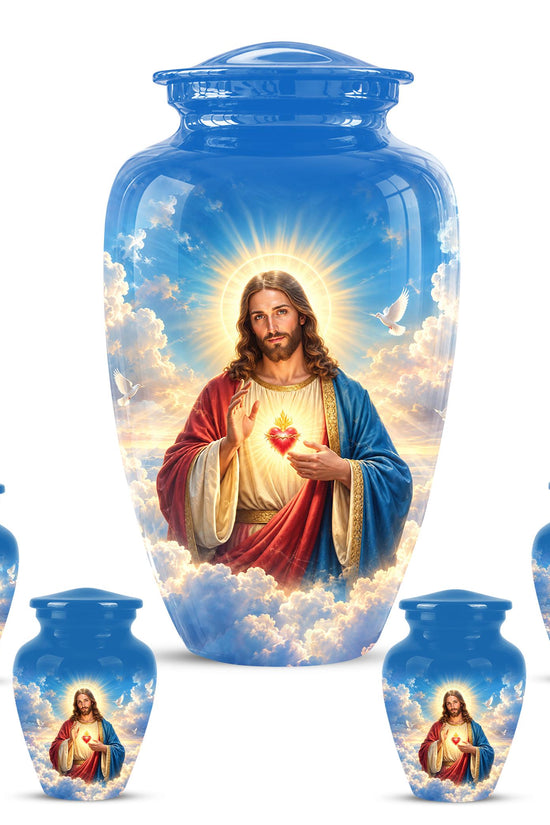 Personalized Sacred Heart of Jesus Cremation Urn for Ashes, Christian Memorial Urn - Catholic Jesus Christ Tribute Urn, Blue Religious Urn