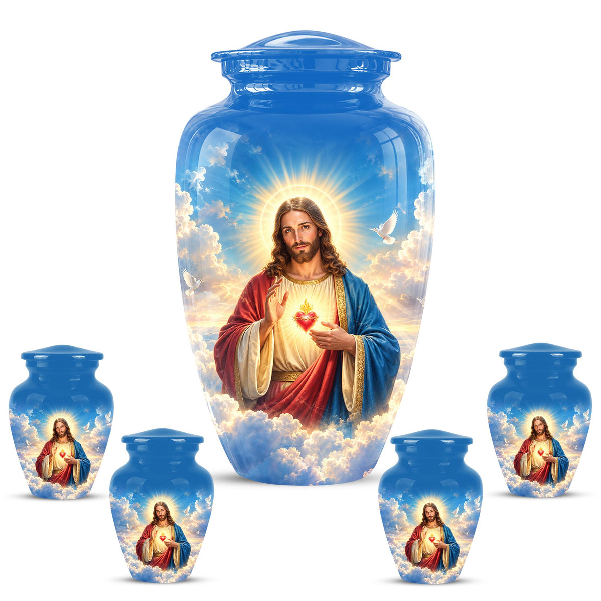 Personalized Sacred Heart of Jesus Cremation Urn for Ashes, Christian Memorial Urn - Catholic Jesus Christ Tribute Urn, Blue Religious Urn