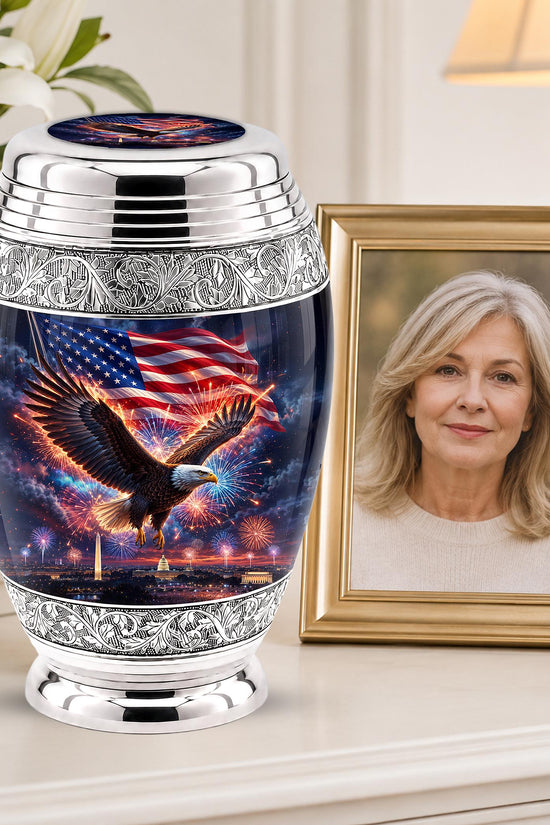 American Flag Eagle Cremation Urn for Ashes - Silver Patriotic Memorial Urn