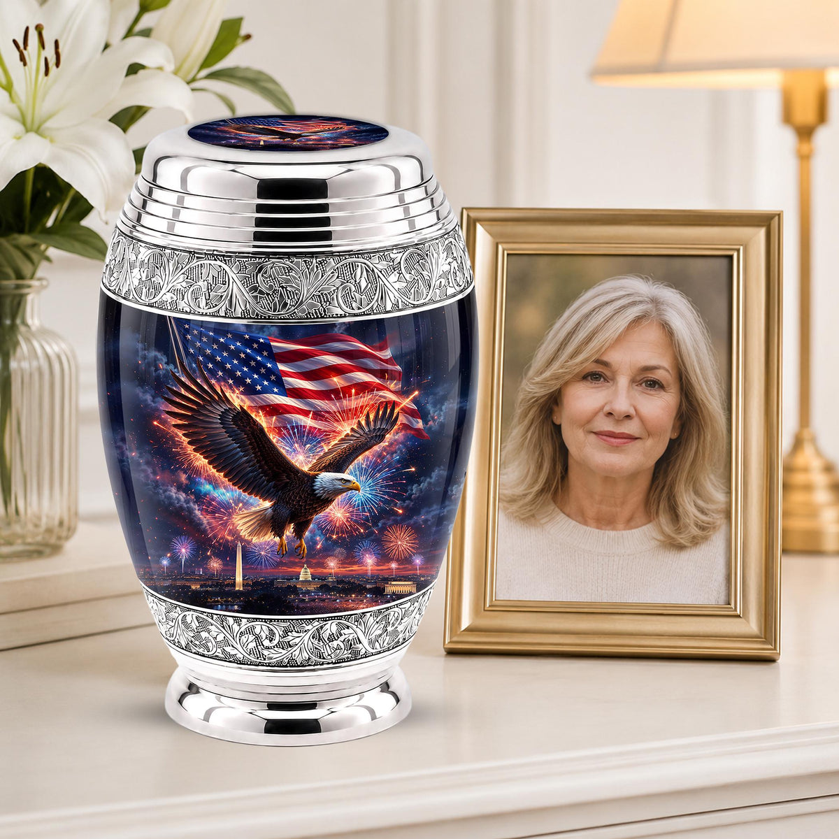 American Flag Eagle Cremation Urn for Ashes - Silver Patriotic Memorial Urn