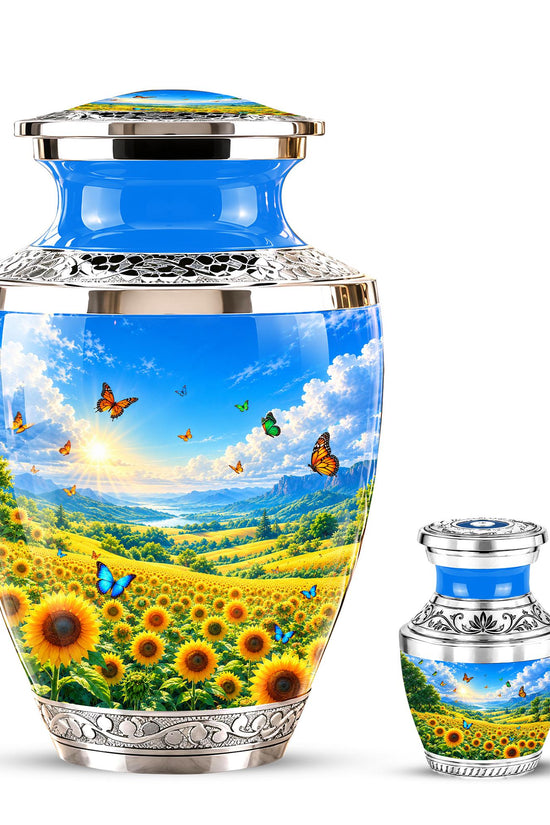 Sunflower Cremation Urn for Ashes - Silver Butterfly Memorial Urn
