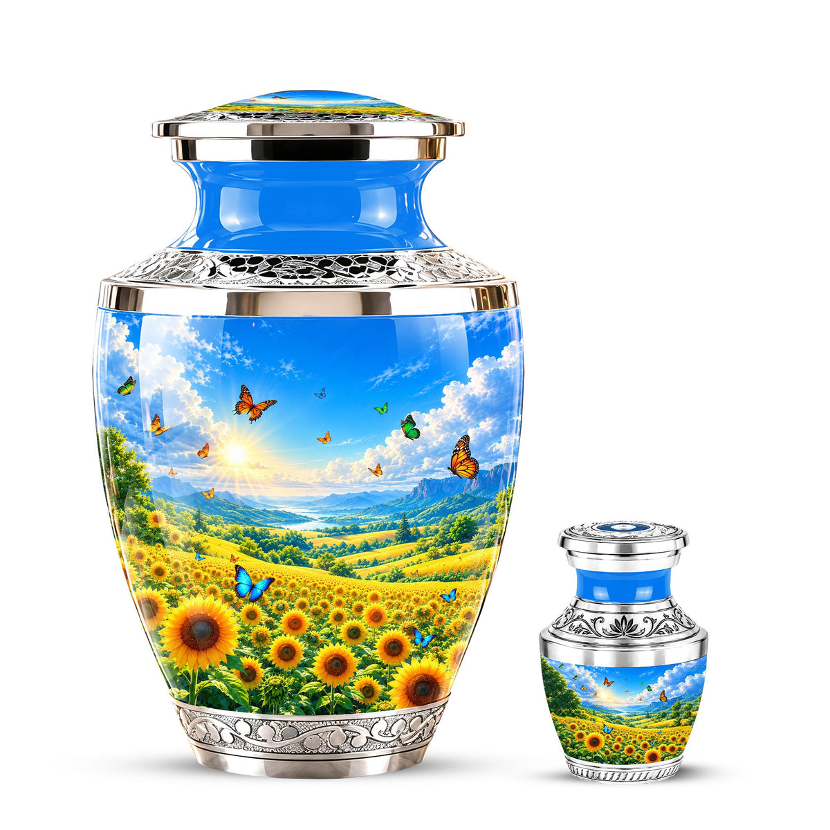 Sunflower Cremation Urn for Ashes - Silver Butterfly Memorial Urn