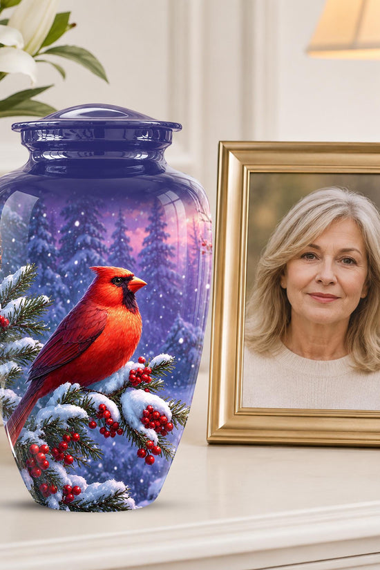 Cardinal Winter Memorial Urn, Red Bird Ashes Keepsake (200 Cubic)