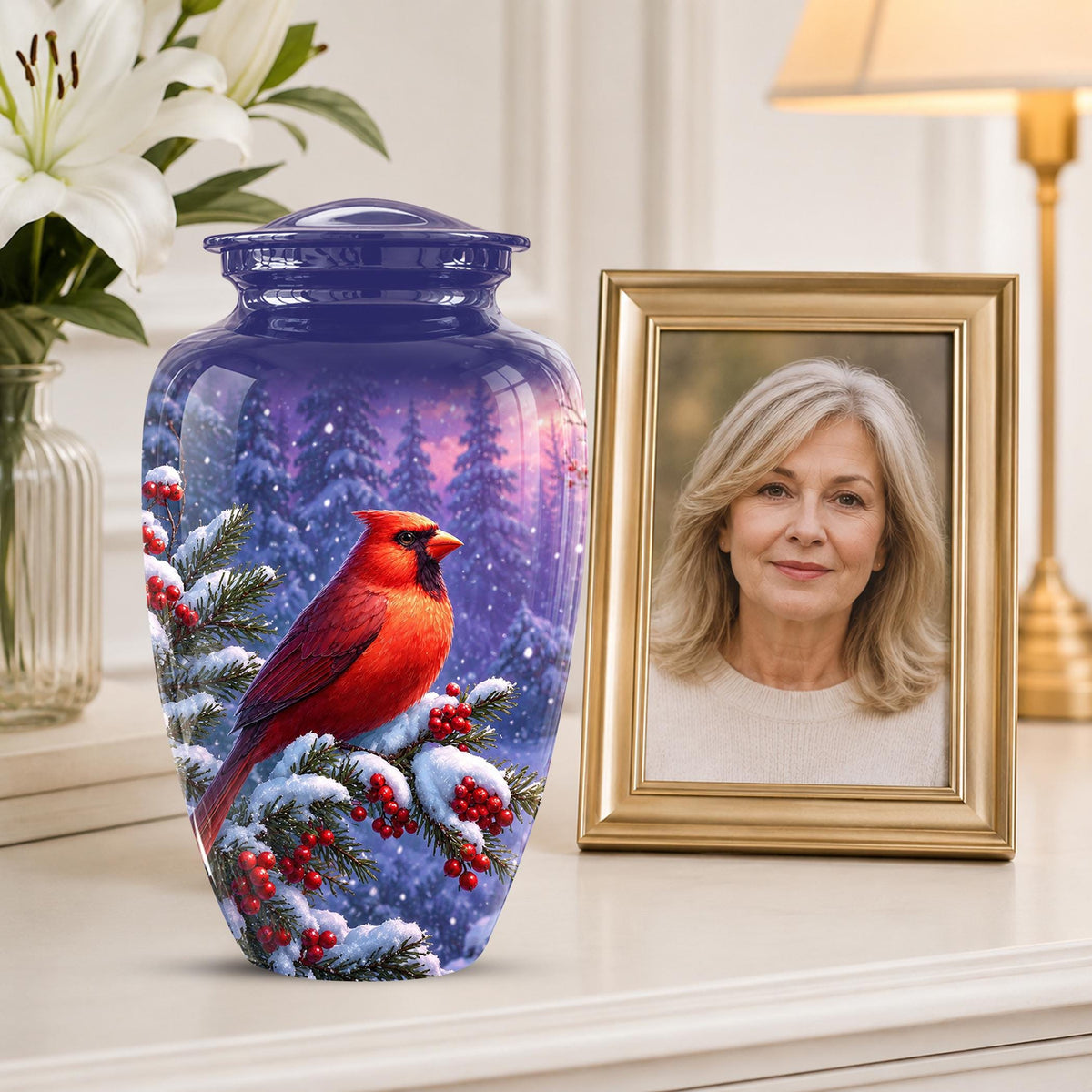 Cardinal Winter Memorial Urn, Red Bird Ashes Keepsake (200 Cubic)