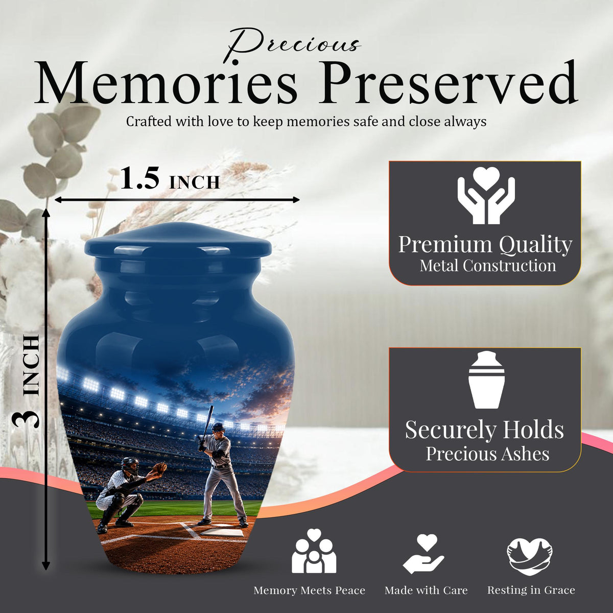 Baseball Cremation Urn for Ashes - Baseball Player and Catcher Memorial Urn