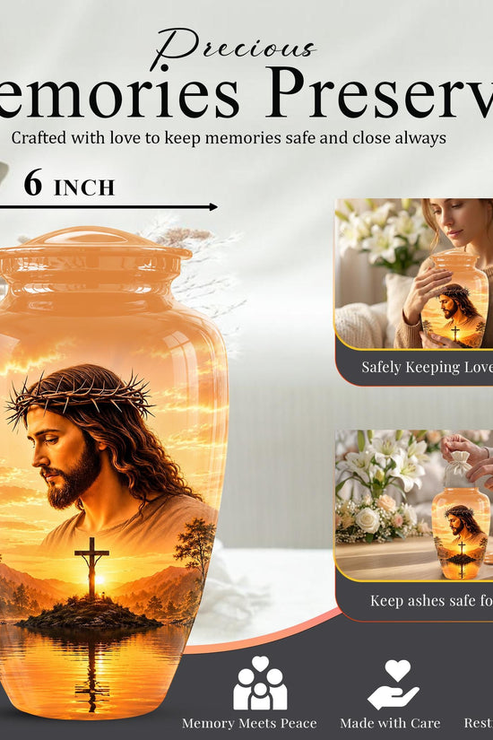 Personalized Jesus Cremation Urn for Ashes, Jesus Christ Sunset Memorial Urn, Christian Cross Tribute Urn, Religious Keepsake Urn Set (200 Cubic)