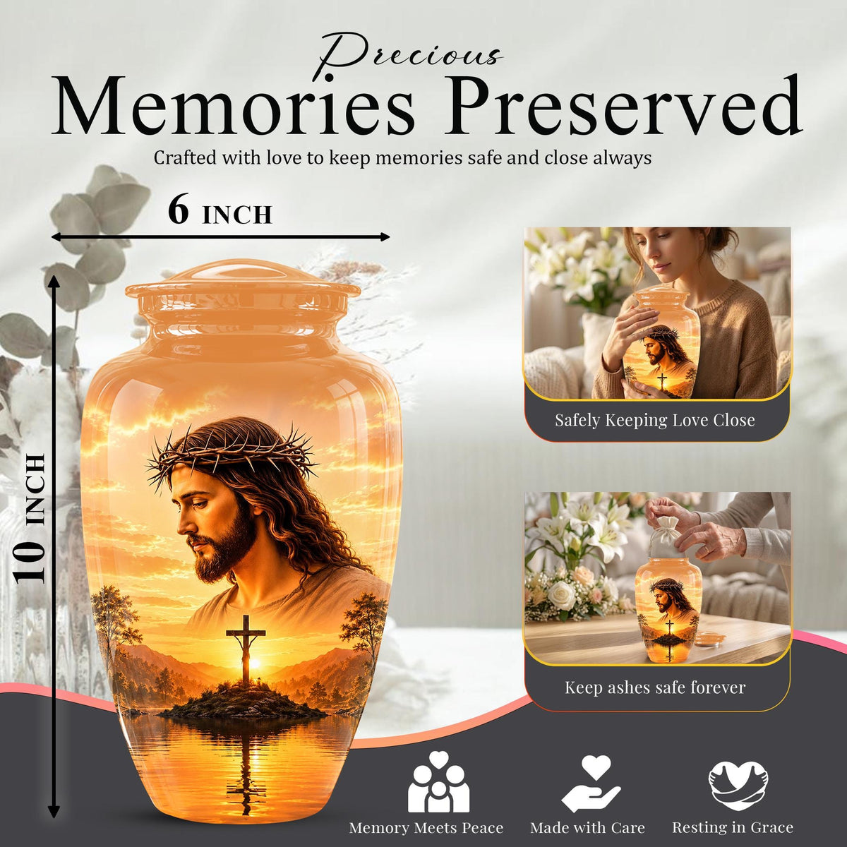 Personalized Jesus Cremation Urn for Ashes, Jesus Christ Sunset Memorial Urn, Christian Cross Tribute Urn, Religious Keepsake Urn Set (200 Cubic)
