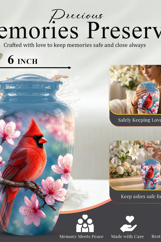 Personalized Cardinal Cherry Blossom Cremation Urn, Memorial Keepsake Urn