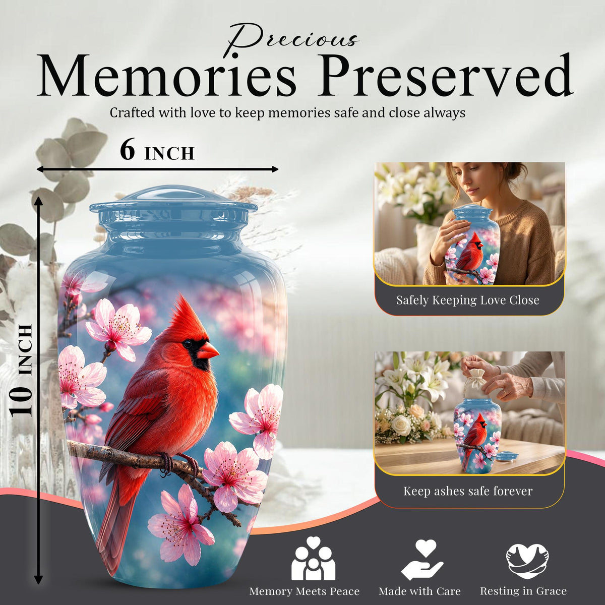 Personalized Cardinal Cherry Blossom Cremation Urn, Memorial Keepsake Urn