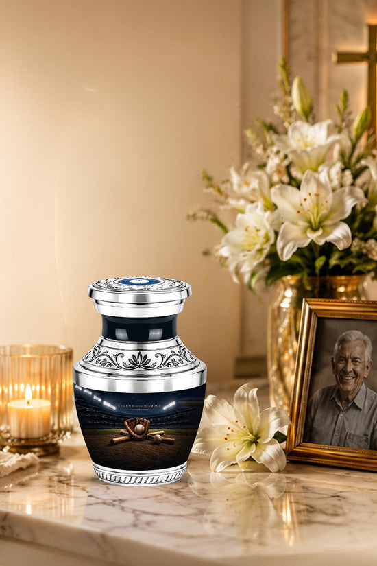Baseball Glove Cremation Urn for Ashes - Silver Baseball Memorial Urn