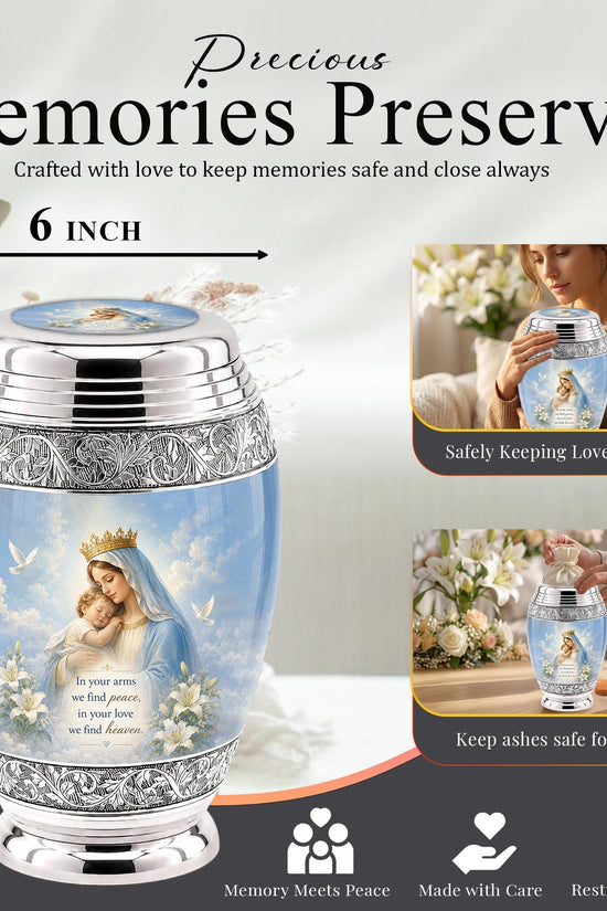 Personalized Virgin Mary Cremation Urn for Ashes - Mother and Child Catholic Memorial Urn, Mary and Jesus Religious Tribute