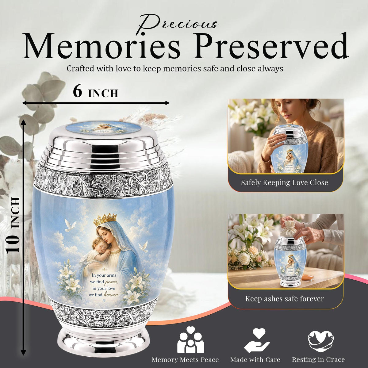 Personalized Virgin Mary Cremation Urn for Ashes - Mother and Child Catholic Memorial Urn, Mary and Jesus Religious Tribute