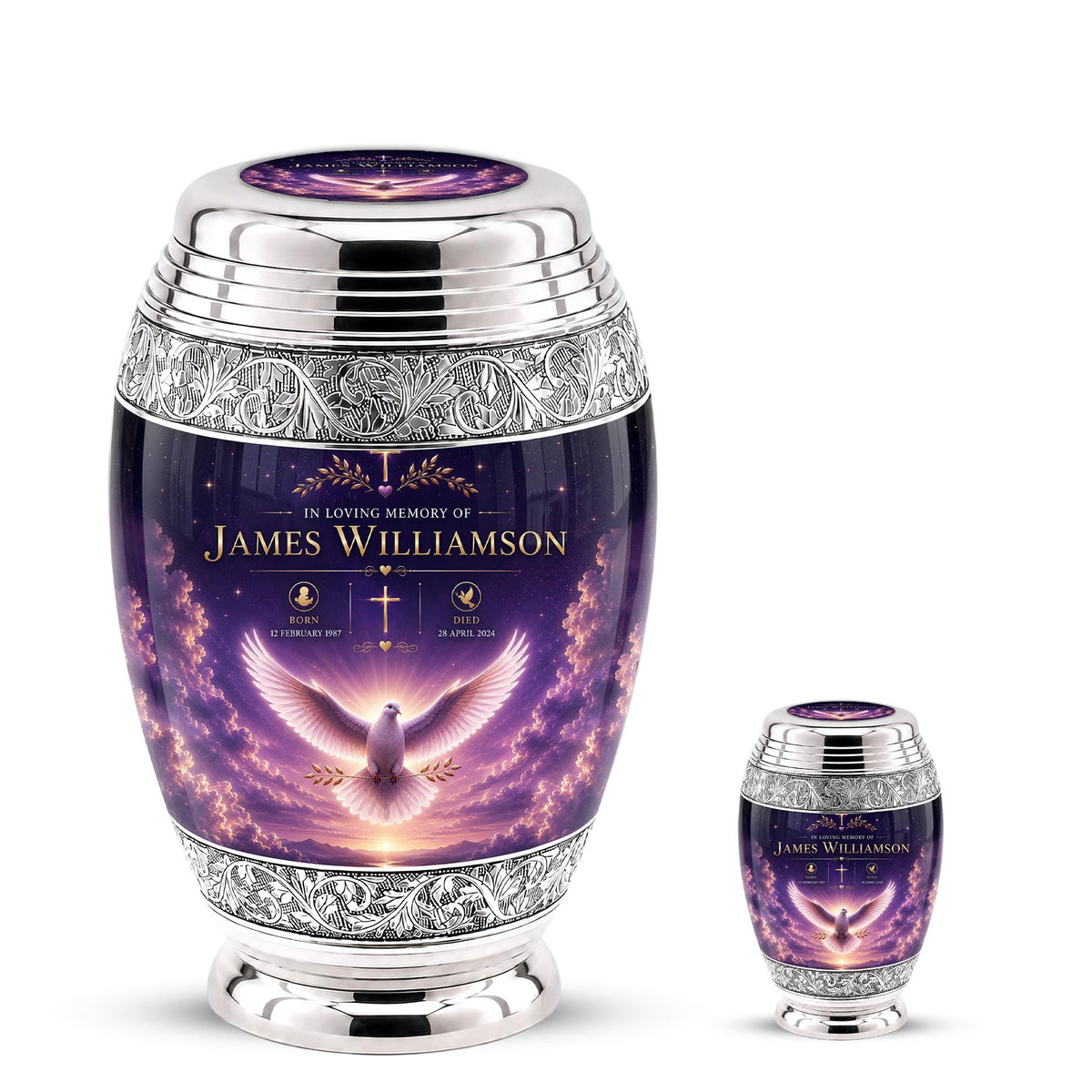 Personalized Dove Cremation Urn for Ashes - Purple Sunset Memorial Urn, Silver Ornate Funeral Urn,