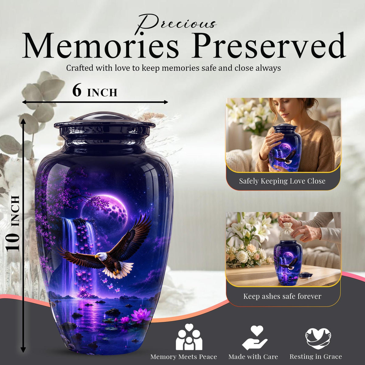 Eagle Cremation Urn for Ashes - Purple Waterfall Bald Eagle Memorial Urn