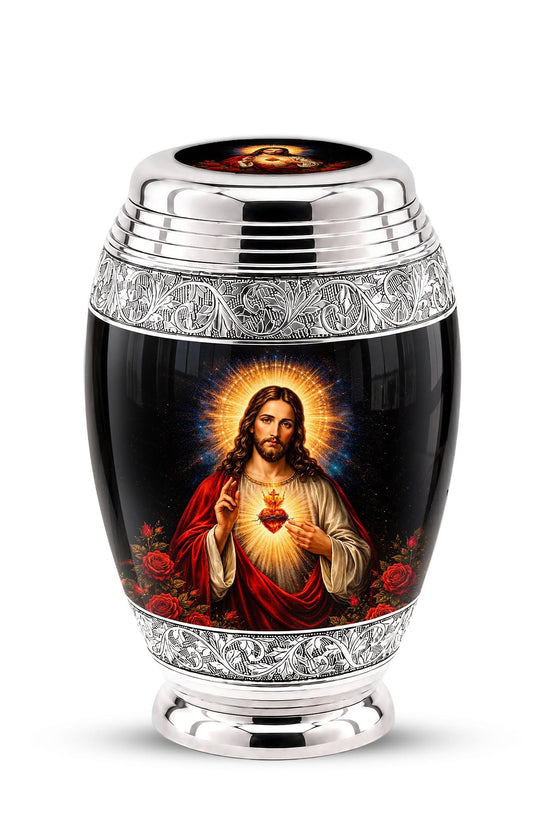 Personalized Sacred Heart of Jesus Cremation Urn - Catholic Memorial Keepsake (Black Finish)