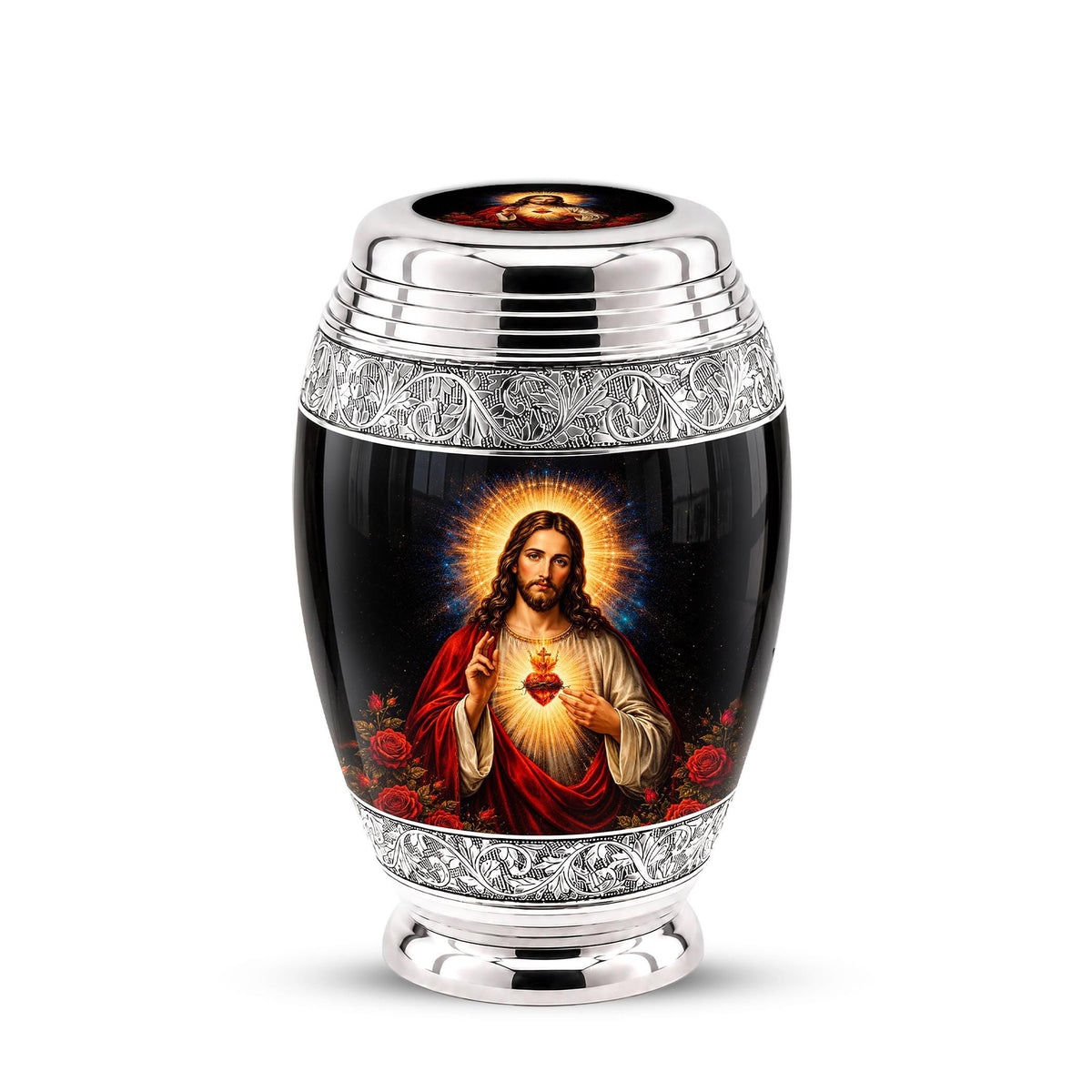 Personalized Sacred Heart of Jesus Cremation Urn - Catholic Memorial Keepsake (Black Finish)