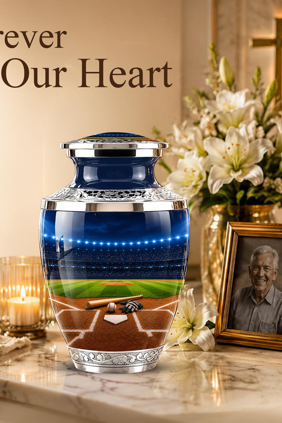 Baseball Cremation Urn for Ashes - Silver Baseball Stadium Memorial Urn