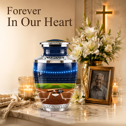 Baseball Cremation Urn for Ashes - Silver Baseball Stadium Memorial Urn