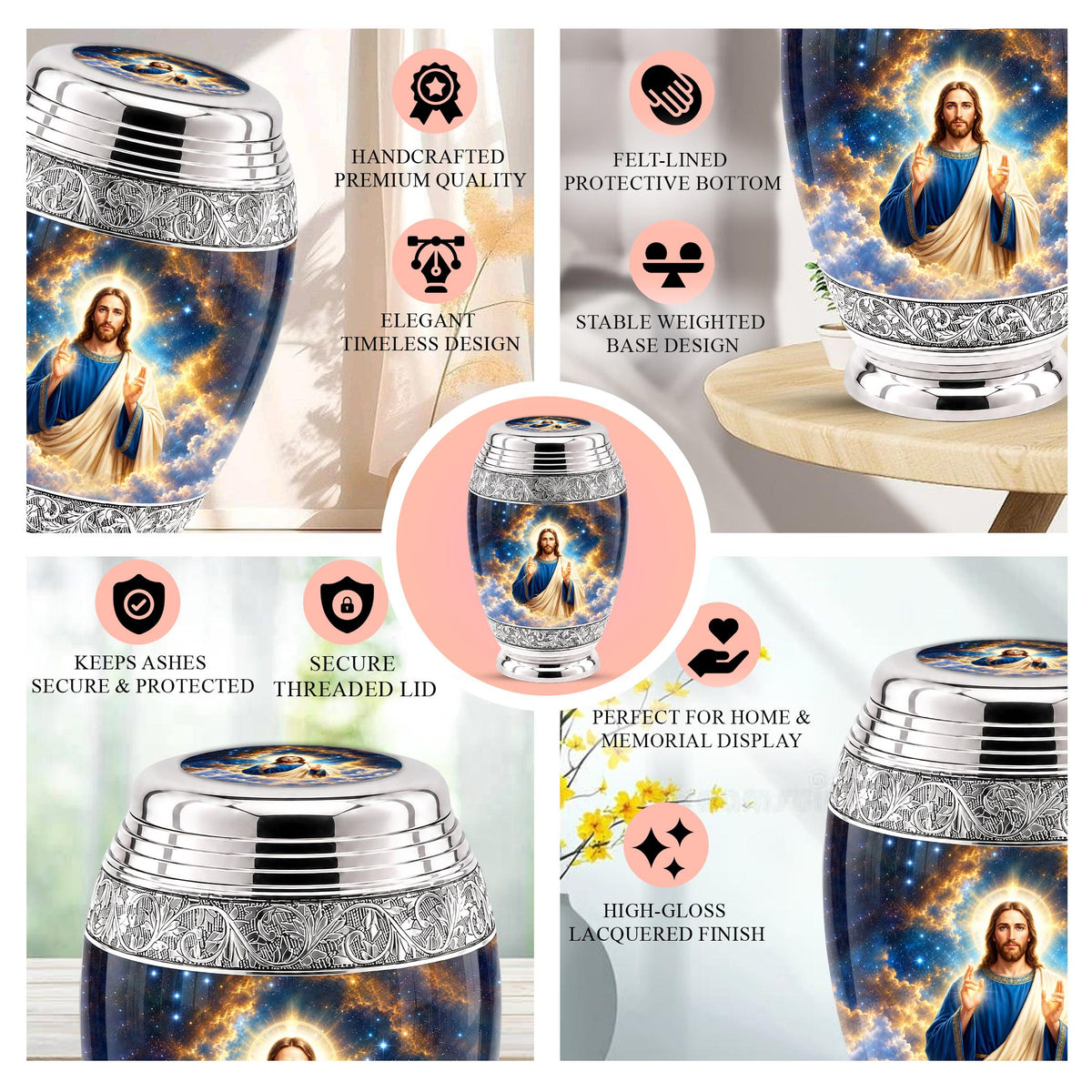 Personalized Jesus Cremation Urn - Celestial Christian Memorial Ashes Urn (200 Cubic)