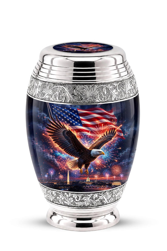 American Flag Eagle Cremation Urn for Ashes - Silver Patriotic Memorial Urn