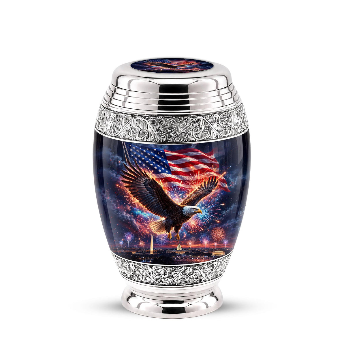 American Flag Eagle Cremation Urn for Ashes - Silver Patriotic Memorial Urn