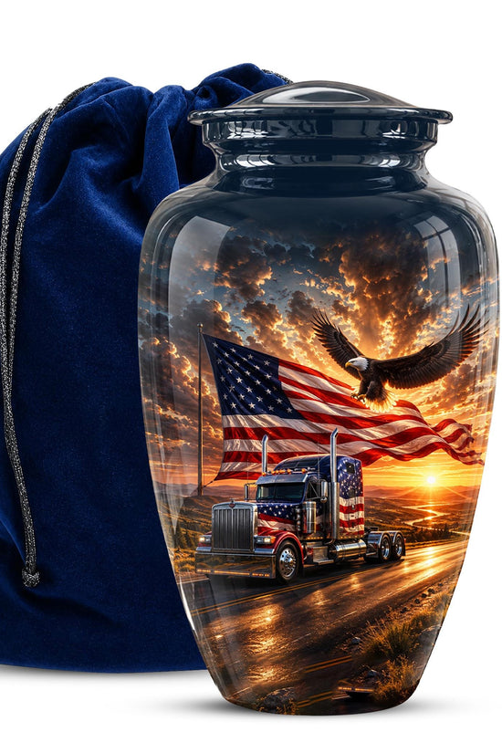 American Flag Truck Cremation Urn for Ashes - Semi Truck and Bald Eagle Memorial Urn