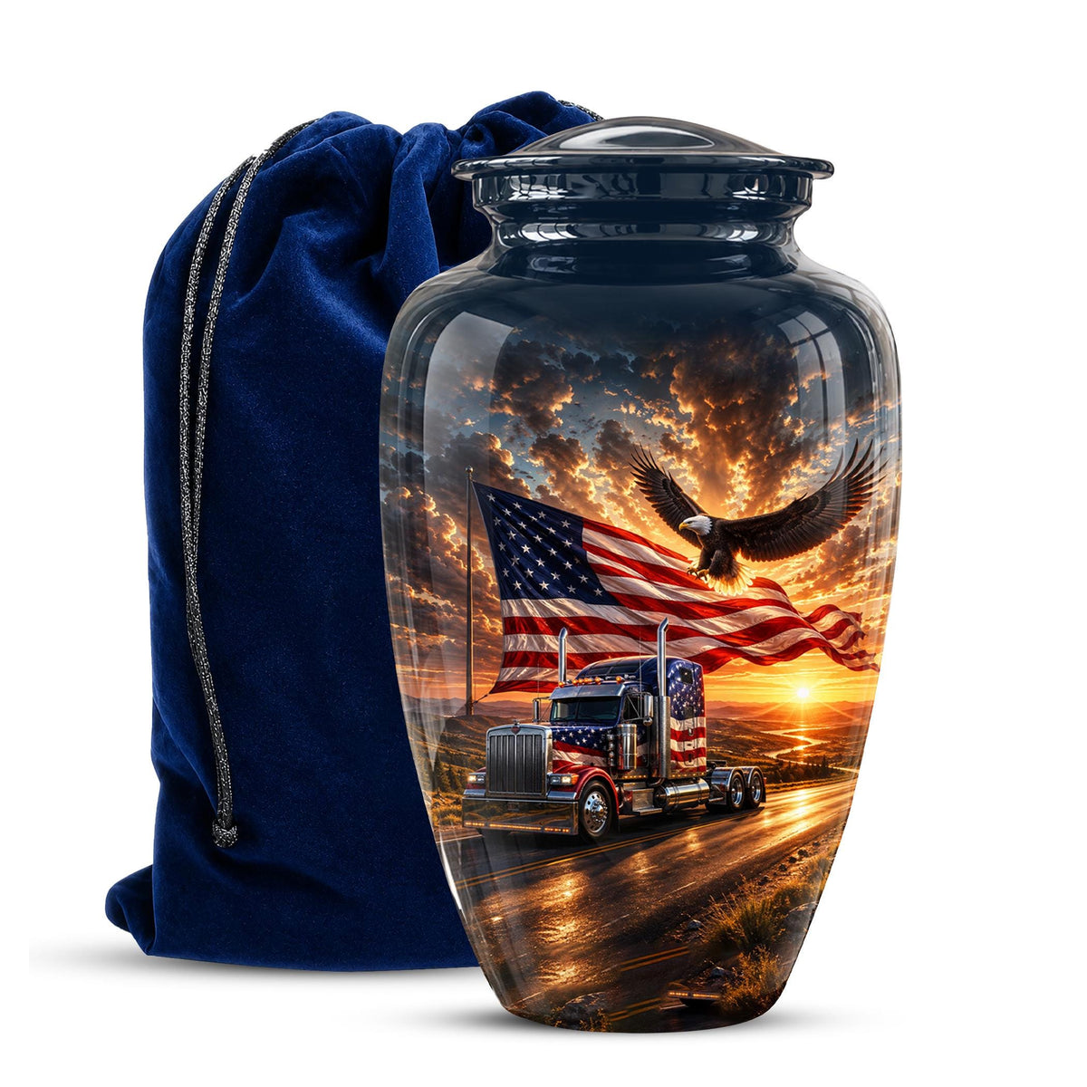 American Flag Truck Cremation Urn for Ashes - Semi Truck and Bald Eagle Memorial Urn