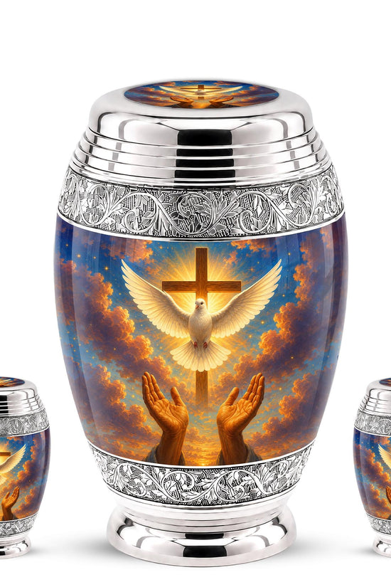 Personalized Christian Cremation Urn, Dove & Cross Memorial Ashes (Silver Tone)