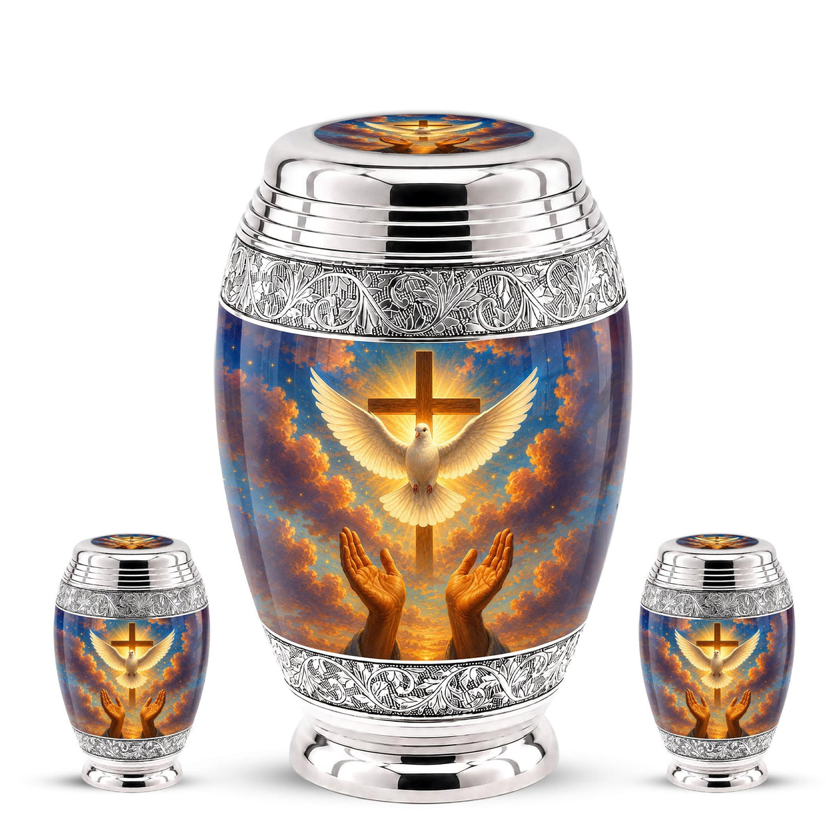 Personalized Christian Cremation Urn, Dove & Cross Memorial Ashes (Silver Tone)