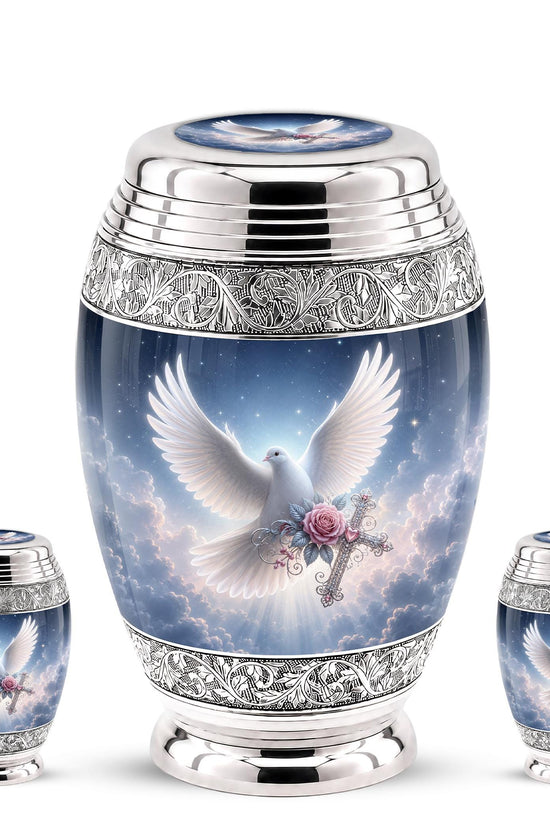 Personalized Christian Cremation Urn - Dove with Wings, Rose, Cross (Silver Tone)
