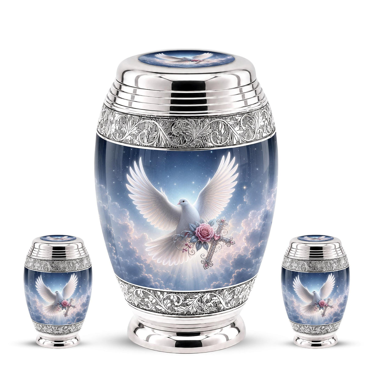 Personalized Christian Cremation Urn - Dove with Wings, Rose, Cross (Silver Tone)