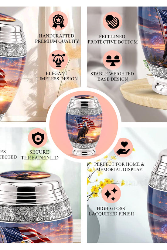 American Flag Eagle Cremation Urn for Ashes - Silver Patriotic Bald Eagle Memorial Urn