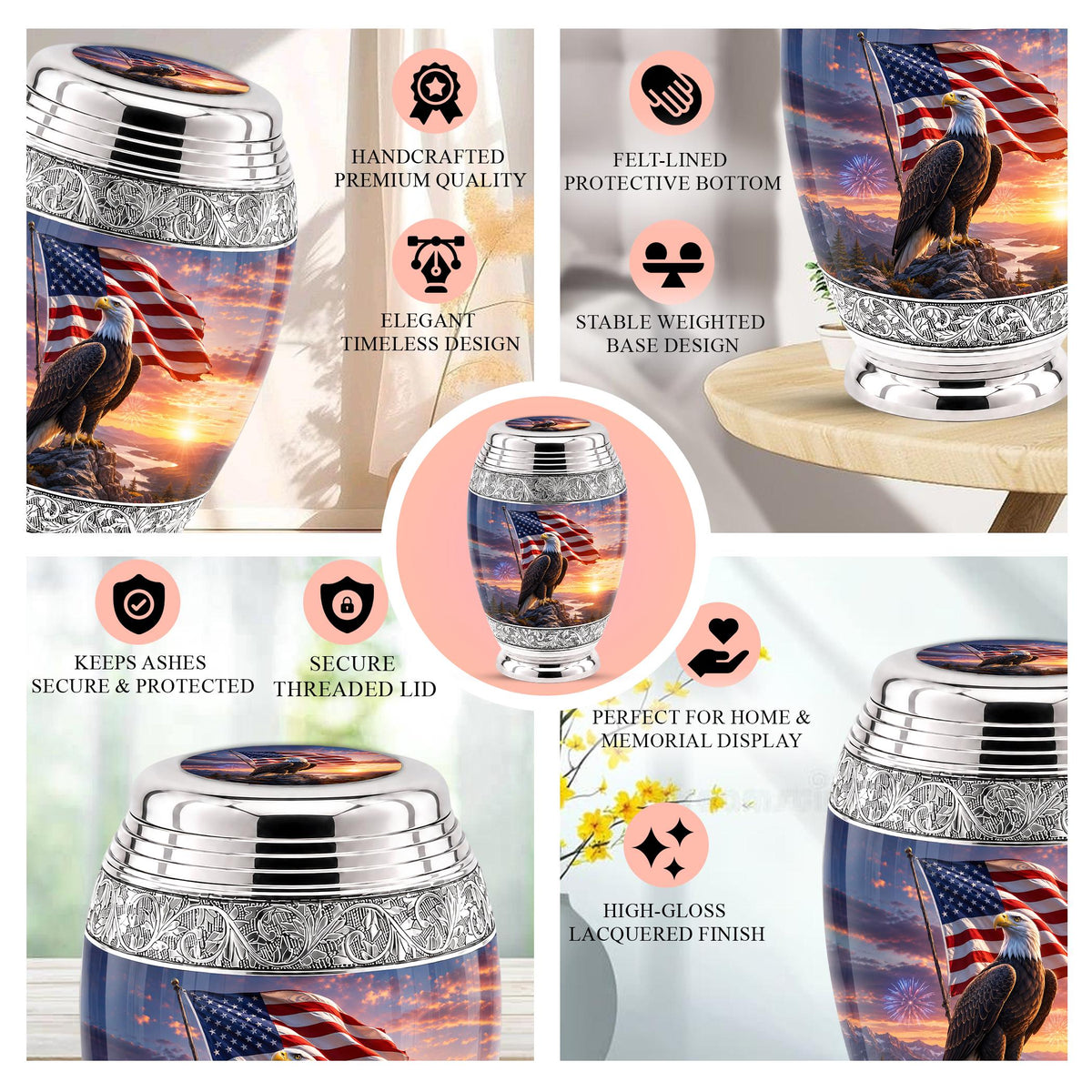 American Flag Eagle Cremation Urn for Ashes - Silver Patriotic Bald Eagle Memorial Urn