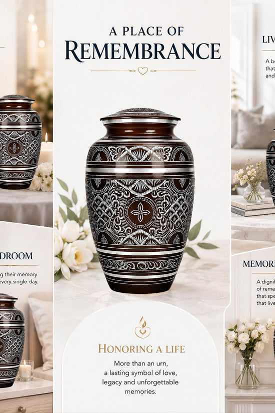 Brass Cremation Urn for Ashes - Black and Silver Engraved Memorial Urn