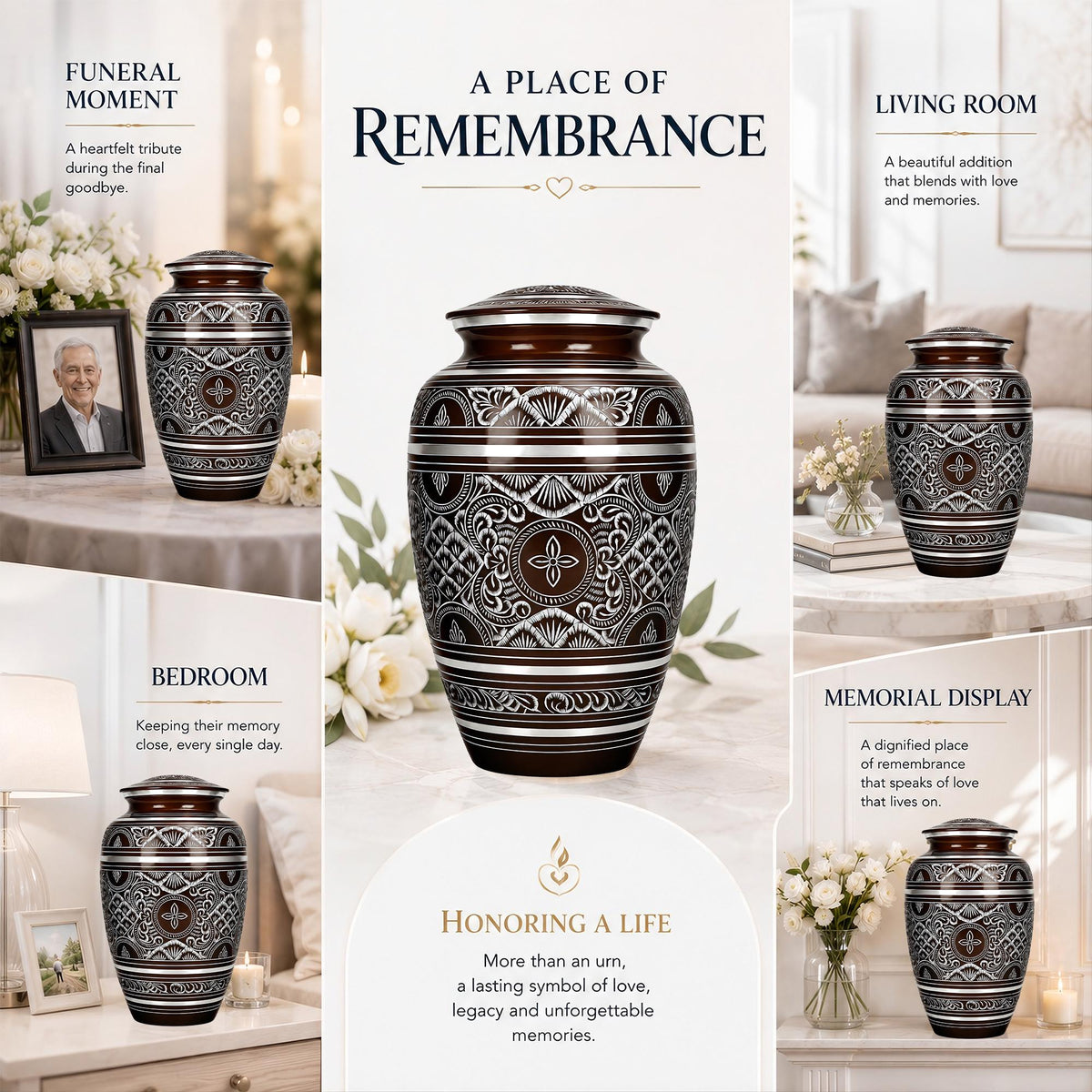Brass Cremation Urn for Ashes - Black and Silver Engraved Memorial Urn